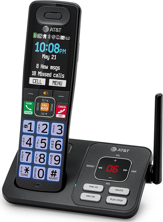 AT&T Cordless Phone, Landline Phones for Home with Smart Call Blocker, 1 Handsets Bluetooth Phone, Large Color Display, Big Buttons, Long Range, Digital Answering System: BL108 (Charcoal & Silver)