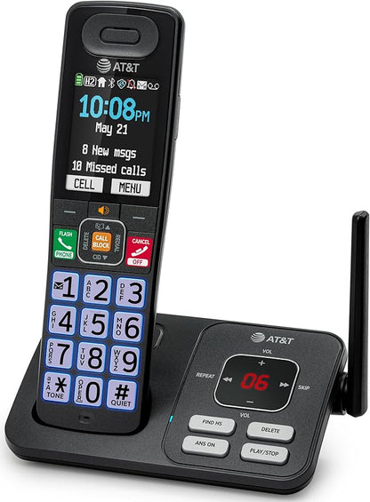AT&T Cordless Phone, Landline Phones for Home with Smart Call Blocker, 1 Handsets Bluetooth Phone, Large Color Display, Big Buttons, Long Range, Digital Answering System: BL108 (Charcoal & Silver)