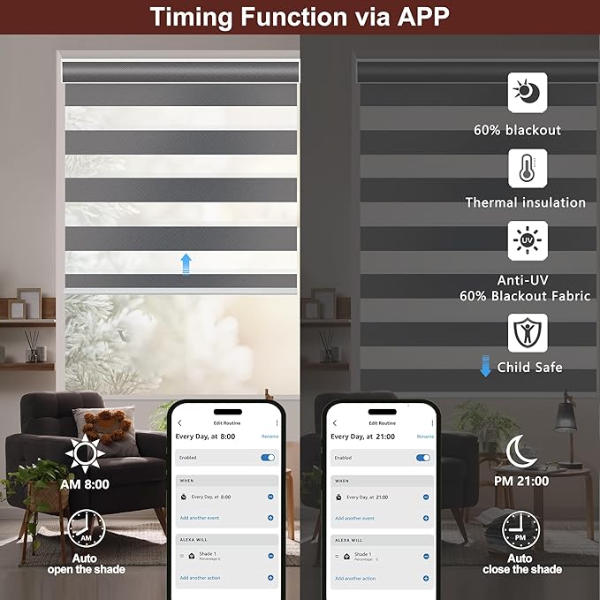 Bringnox Smart Motorized Zebra Roller Blinds - 60% Blackout, Remote Control, Works with HomeKit, Google Home & Alexa via Hub, Custom Size(60% Blackout Black-34)