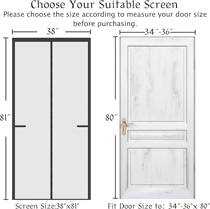 Upgraded Magnetic Screen Door Thicker 250g/m² Reinforced Mesh,36 Longer Magnets,Door Screen Magnetic Closure for Single Door,Heavy Duty Door Net Screen with Magnet,Fit Doors to 36 x 80 Inch,Black