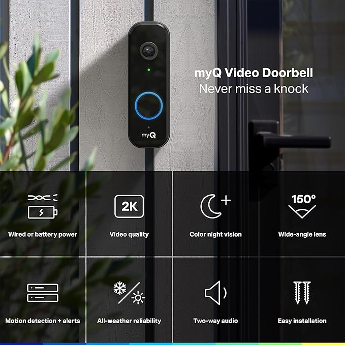 Chamberlain myQ Video Doorbell | 2K Camera, Battery/Wired, Color Night Vision, Live with 2-Way Talk, Motion Detection & Real-Time Alerts, 150 Deg Wide View, Black