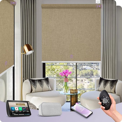 Graywind Motorized Shades 100% Blackout Work with Alexa Google Smart Home Control Build-in Hardwired Window Shades Thermal Insulated Window Blinds, Customized Size (Coffee)