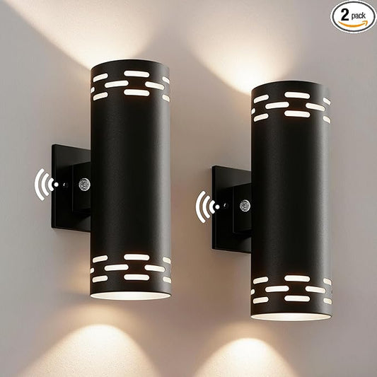 Dusk to Dawn Modern Outdoor Wall Lights 2 Pack, 12'' Up and Down LED Cylinder Exterior Lighting Fixtures, 23W 3000K IP65 Waterproof Wall Sconces for House, Garage, Patio, Porch, Black