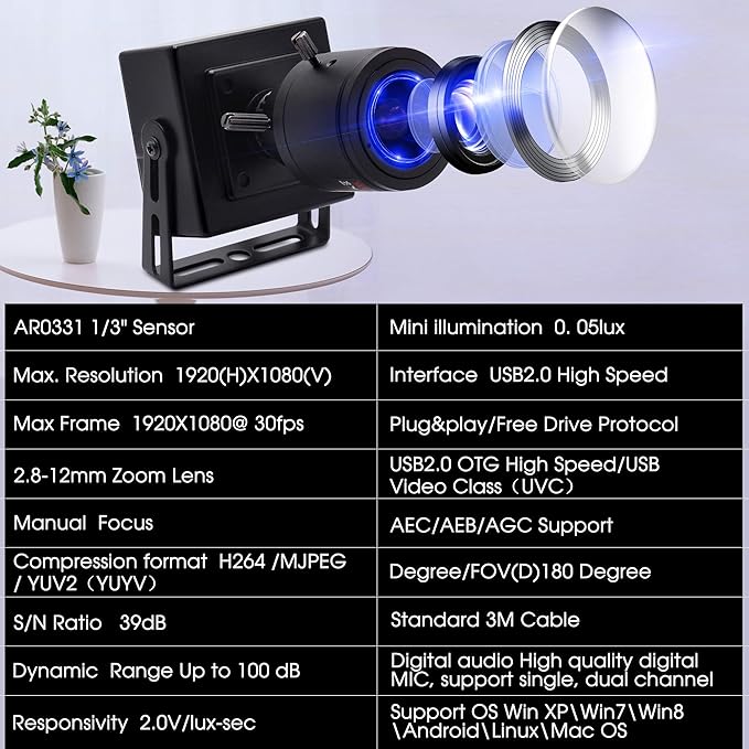 3MP USB Camera 2.8-12mm varifocal Lens Webcam Webcamera for Windows Android Linux Mac Video Comference Webcams Plug &Play OTG USB 2.0 Compact Security Camera