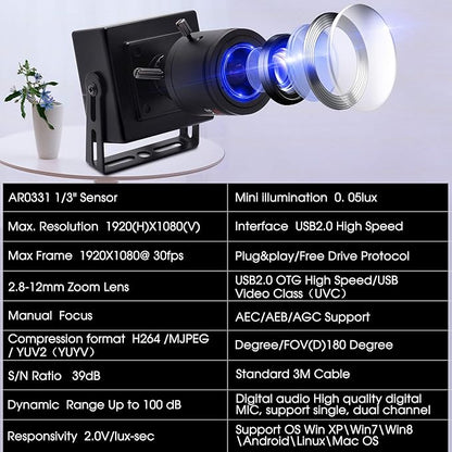3MP USB Camera 2.8-12mm varifocal Lens Webcam Webcamera for Windows Android Linux Mac Video Comference Webcams Plug &Play OTG USB 2.0 Compact Security Camera