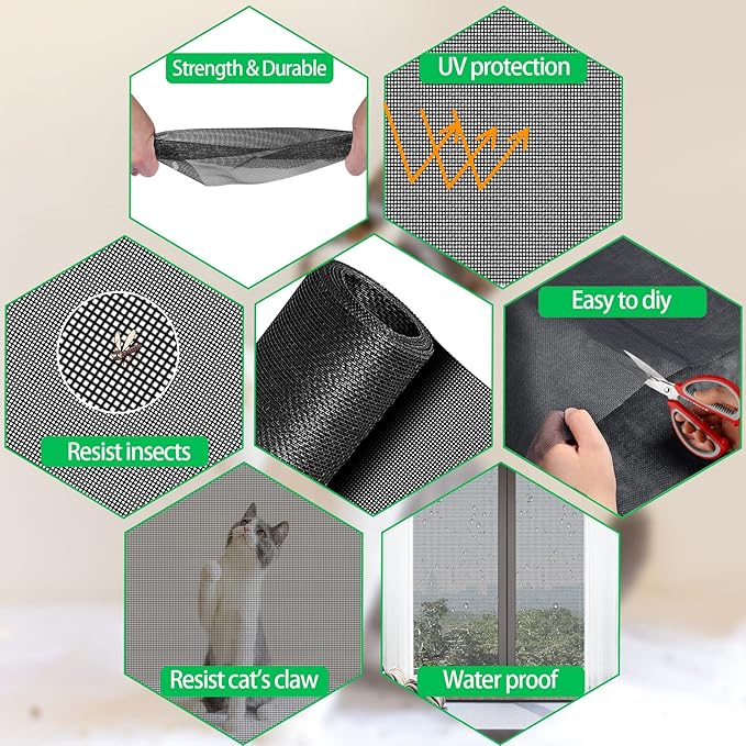 QWR Pet Proof Window Screens and Screen Door Replacement Kit, 59"x106" Durable High Hardness Vinyl Coated Polyester-Screen Repair Kit for Sliding Door,Patio and Windows.(Folded Package with Tool Kit)