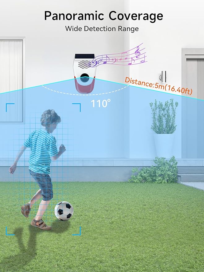 PILSAMAS Solar Motion Sensor Alarm with Custom Voice Upload - 120dB Loud Noise Maker & Strobe Lights, Remote Control, IP65 Waterproof for Deer/Bear Deterrent, Chicken Coop Security, Pool Safety Alerts