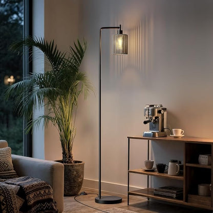 Oneach 66" Black Floor Lamp for Living Room, Boho Floor Lamp with LED Bulb, Foot Switch, Gray Rattan Shade, Industrial Tall Farmhouse Standing Lamp for Bedroom, Dining Room, Study Room, Office