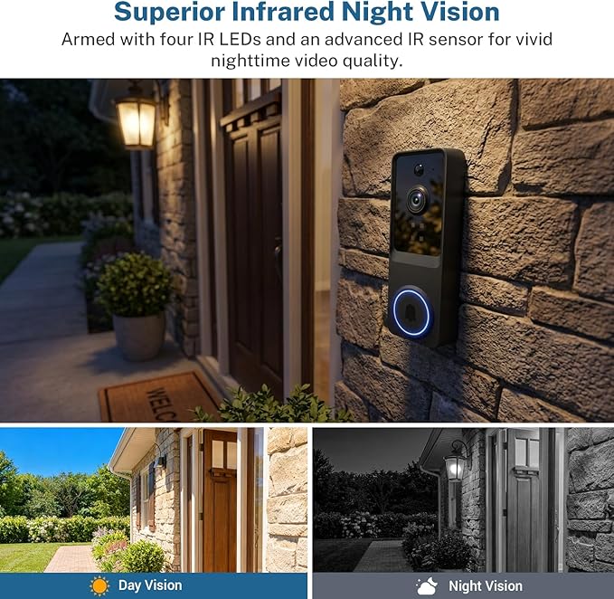 SoraNari Wireless Video Doorbell Camera,1080P FHD, Motion Detection, Two-Way Audio, Night Vision, Cloud Storage, Battery Powered, 2.4GHz Wi-Fi Only, Indoor Outdoor Surveillance