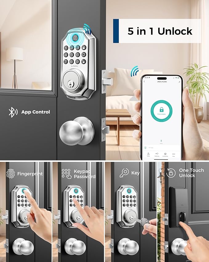 Keyless Entry Door Lock, Smart Deadbolt Lock with Handleset D180 & D280 (Fingerprint & Leveler) (Sliver)