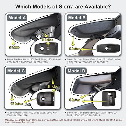 Mangoal 4K Dash Cam fit for GMC Sierra 1500 2022-2026 HD 2024-2026 Pro SLE Elevation SLT AT4X Denali Ultimate Accessories (Model C), Integrated OEM Look, GPS, WiFi & App, 64GB Card