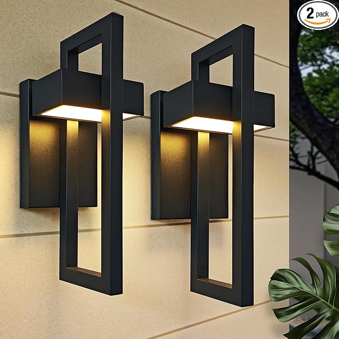 Outdoor Wall Lantern 2 Packs, Dimmable Wall Lights Fixture with 5 Color Temperatures, Integrated LED Wall Sconce Lighting, Matte Black Waterproof Porch Lighting for House Garage Doorway