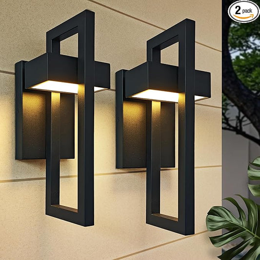 Outdoor Wall Lantern 2 Packs, Dimmable Wall Lights Fixture with 5 Color Temperatures, Integrated LED Wall Sconce Lighting, Matte Black Waterproof Porch Lighting for House Garage Doorway