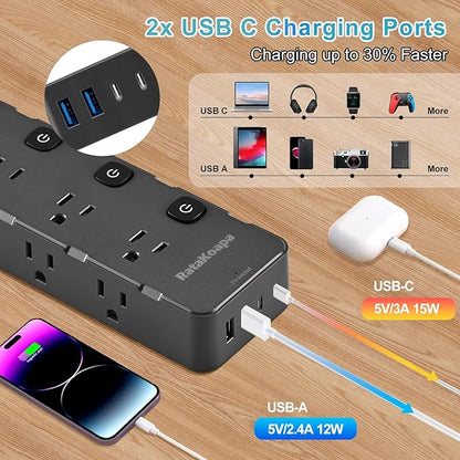 Surge Protector Power Strip 10 Ft - 8 Widely AC Outlet 4 USB Ports(2 USB C), Flat Plug Extension Cord with Multiple Outlets, Individual Switches, Desk Extender for Dorm, Home, Office Essentials, 1400J