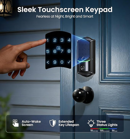 Veise VE027 Built-in Wi-Fi Smart Lock, Fingerprint Keyless Entry Front Door Lock, App Remote & Voice Control, No Hub Needed, Touchscreen Keypad Deadbolt, IP65 Waterproof, BHMA Grade 3, Matte Black