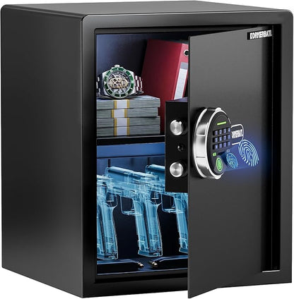 KornerBatl 30 lb Biometric Gun Safe, 4 Handgun Storage with Rack | 30 Fingerprints, PIN Unlock, Backlit Keypad, Silent Access, LED Light, Emergency Keys, 1.71 Cu. Ft.