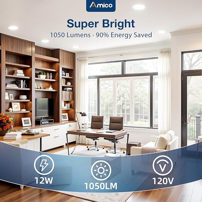 Amico 1 Pack 6 Inch Press to Select 5CCT Ultra-Thin Recessed Light with Junction Box, 2700K/3000K/3500K/4000K/5000K Selectable, 12W=110W, 1050LM High Brightness, Dimmable Wafer Downlight-ETL&FCC