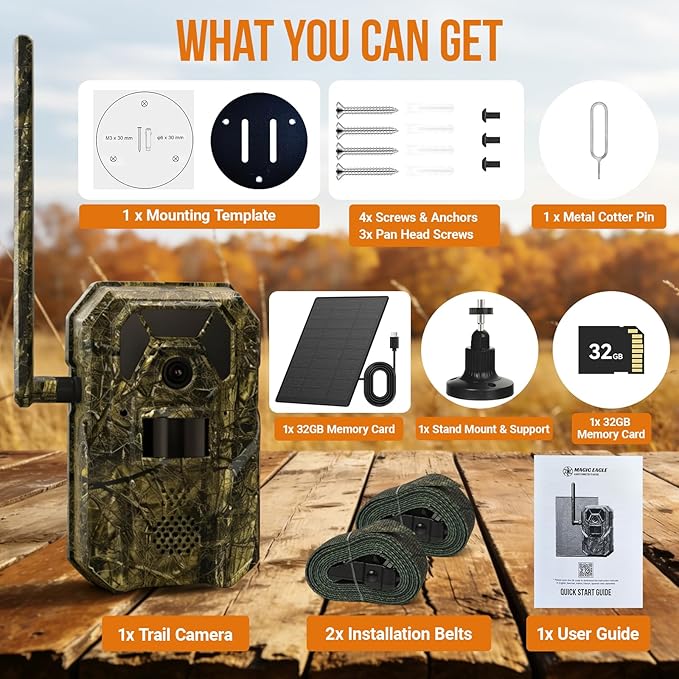 MagicEagle® Cellular Trail Camera 4G Wild Game Cameras 13,000 mAh Battery Solar Panel 2K Audible Video No-Glow IR Night Vision IP66 Waterproof for Wildlife Deer Monitoring Home Security (Green)