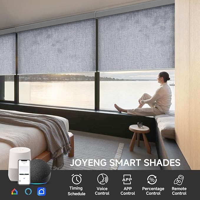 Motorized Light Filtering Roller Shades with Remote Control, Electric Smart Shades Compatible with Alexa and Google, Rechargeable, Customizable Size(Textured Bluish Grey)