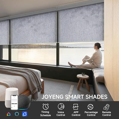 Motorized Light Filtering Roller Shades with Remote Control, Electric Smart Shades Compatible with Alexa and Google, Rechargeable, Customizable Size(Textured Bluish Grey)