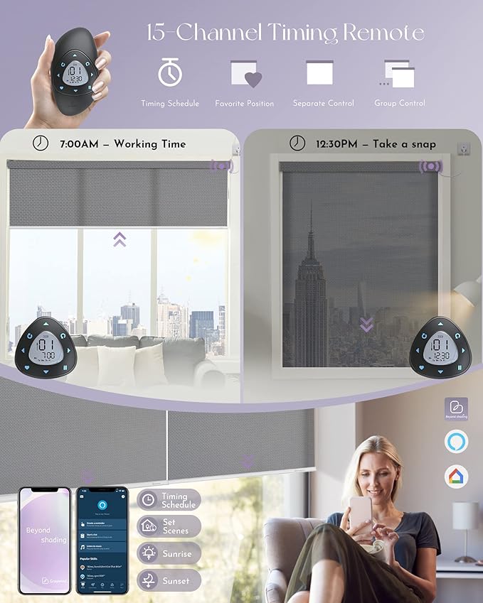 Graywind Motorized Solar Shades Compatible with Alexa Google Hardwired WiFi Smart Light Filtering Blind Remote Control Automated Blinds Electric Window Shade, Custom Size (5% Openness Grey)
