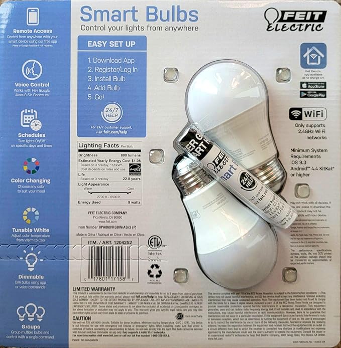 Feit Electric Smart Wi-Fi LED Color Changing Dimmable 60W Light Bulbs (White 2 Pack)