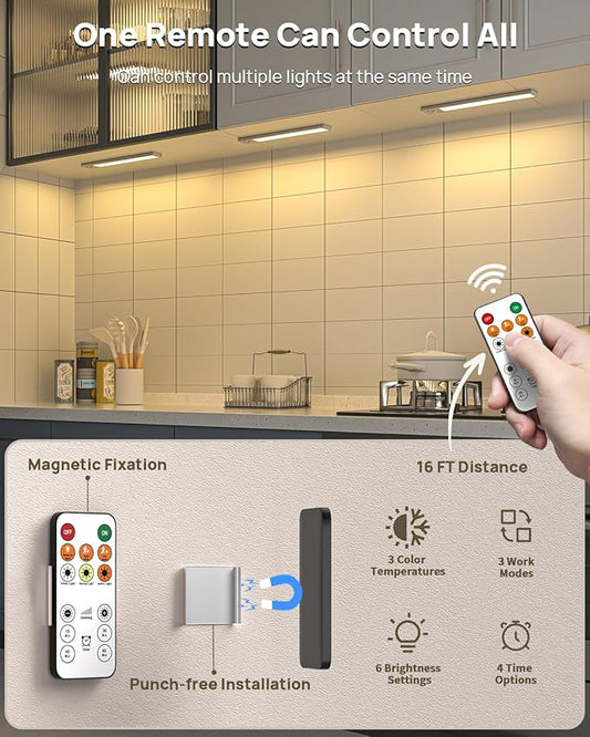 12inch Under Cabinet Lighting with Remote, 2500mAh Rechargeable Motion Sensor Light Indoor, LED Closet Lights with Timer, Dimmable, Magnetic, 3 Color Temps Wireless for Kitchen, Pantry, Stair, 8 Pack