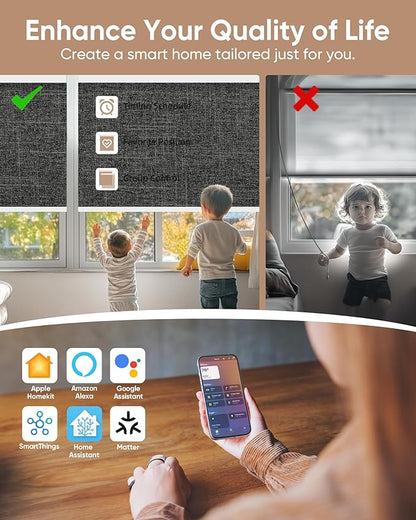Motorized Blinds with Remote: Kincmo 100% Blackout Roller Shades Work with Apple Homekit,Alexa,Google Home, Customized Electric Blinds with App,Voice Control (100% Blackout Meridian Midnight)