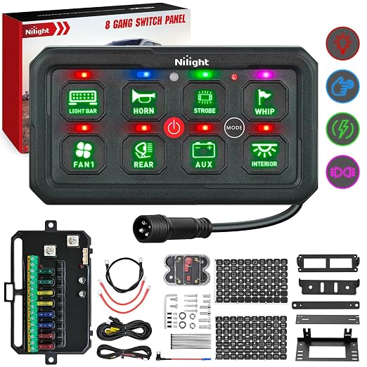 Nilight 8 Gang Switch Panel Green 12V 24V Circuit Control System 4-Mode | Fuse Wiring Harness Automatic Dimmable LED Pod Toggle/Momentary/Strobe/Flash Modes for Car Pickup Truck Camper SUV