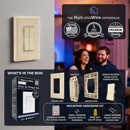 RunLessWire Click for Hue Battery-Free Wireless Switch 2 Pack Light Almond | Dimmable Kinetic Switch Pairs Natively to Philips Hue Bridge, 4 Programmable Buttons to Control Scenes & Areas, 100ft Range