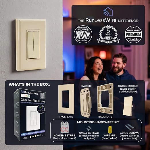 RunLessWire Click for Hue Battery-Free Wireless Switch 3 Pack Light Almond | Dimmable Kinetic Switch Pairs Natively to Philips Hue Bridge, 4 Programmable Buttons to Control Scenes & Areas, 100ft Range