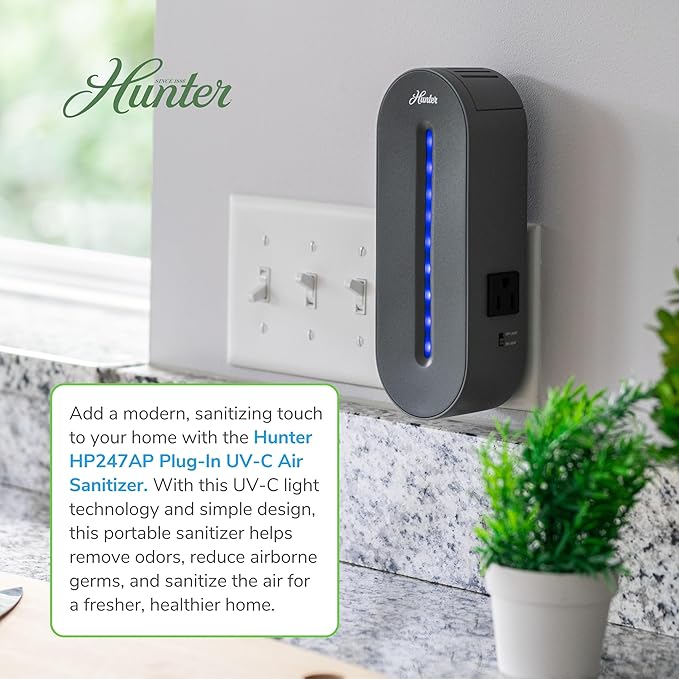 Hunter Plug-in UV Air Sanitizer, Aqua – Whisper Quiet UV-C Air Sanitizer, Matches A Variety of Room Decors and Styles