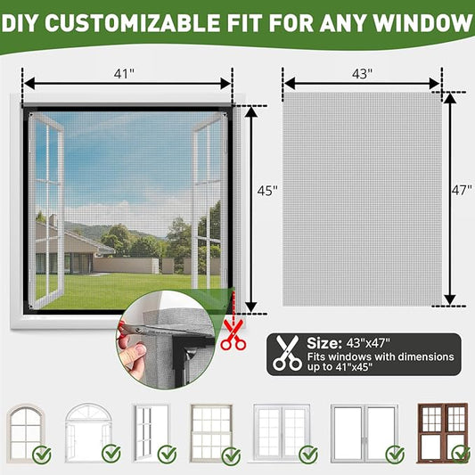 HOFUDON Window Screen Adjustable Magnetic Window Screen Replacement Max 43” x 71”, DIY Fiberglass Mesh Window Screens for House Windows Black Frame Grey Mesh