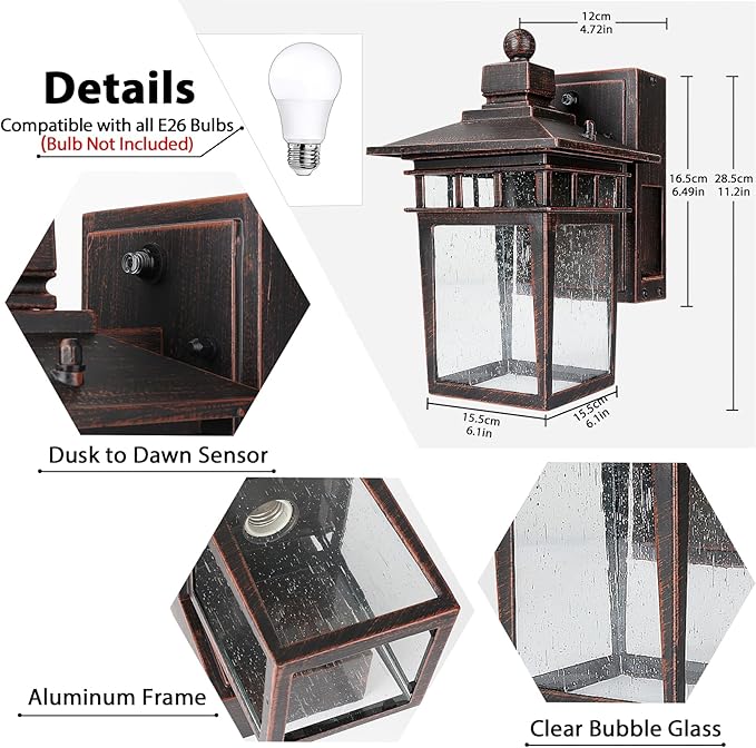 Outdoor Light with GFCI Outlet Antique Black and Bronze Gold,Dusk to Dawn Porch Lights Outdoor,Waterproof Exterior Wall Light Fixture,Aluminum Wall Sconce,Front Door Light Outside Lights for House