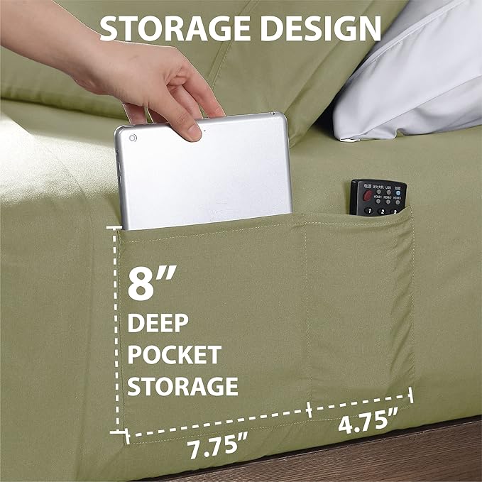 Swift Home Smart Sheets, Ultra Soft Brushed Microfiber 4-Piece Sheet Set, Fitted Bed Sheet with Side Storage Pockets – Sage, Full