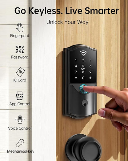 Built-in WiFi Smart Lock with 2 Knobs - Firstriver Fingerprint Keyless Entry Door Lock Set for Front Door, App Control, Keypad Deadbolt, Auto Lock, Compatible with Alexa & Google Assistant, Black
