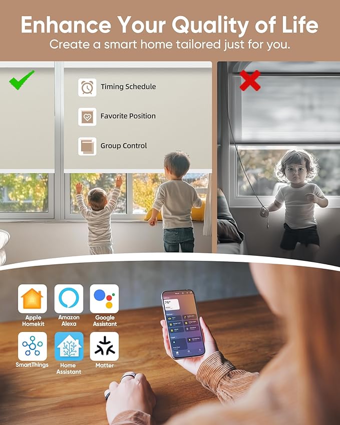 Motorized Blinds with Remote: Kincmo 100% Blackout Roller Shades Work with Apple Homekit,Alexa,Google Home, Customized Electric Blinds with App,Voice Control (100% Blackout Pure Cream)