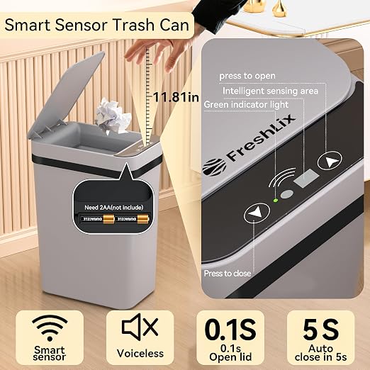 FRESHLIX 3 Pack Bathroom Trash Can 2.6 Gallon Small Touchless Automatic Motion Sensor Trash Cans Slim Waterproof Garbage Bin with Lid for Kitchen, Office, Bedroom Black White Grey
