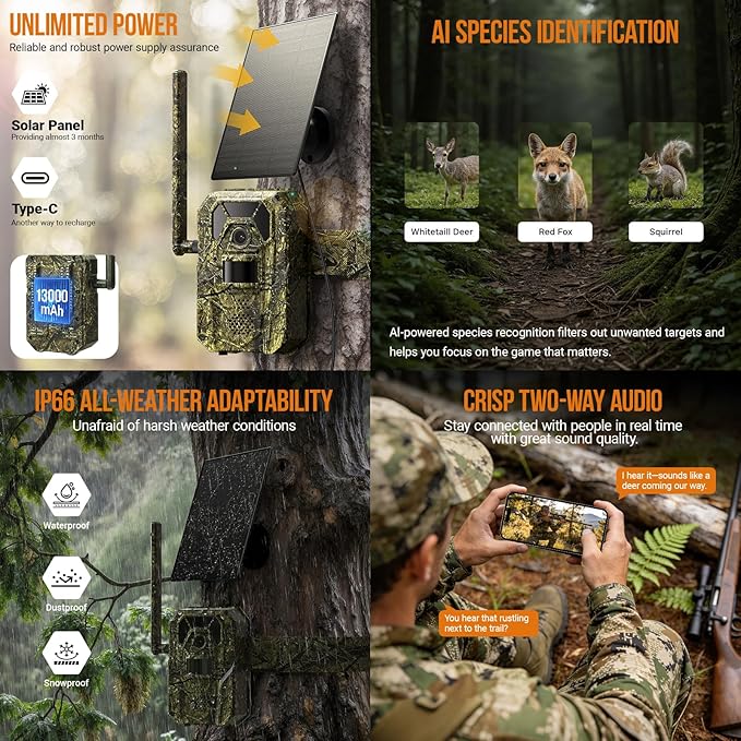MagicEagle® Cellular Trail Camera 4G Wild Game Cameras 13,000 mAh Battery Solar Panel 2K Audible Video No-Glow IR Night Vision IP66 Waterproof for Wildlife Deer Monitoring Home Security (Green)