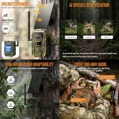 MagicEagle® Cellular Trail Camera 4G Wild Game Cameras 13,000 mAh Battery Solar Panel 2K Audible Video No-Glow IR Night Vision IP66 Waterproof for Wildlife Deer Monitoring Home Security (Green)