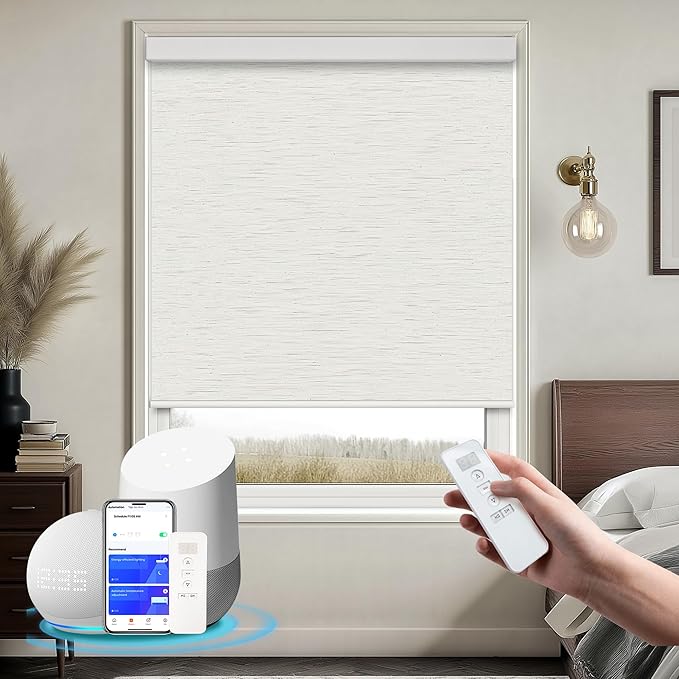 Motorized Blinds with Remote Cordless Automatic Motorized Shades Custom Blinds for Windows Smart Curtains Compatible with Alexa Google Home(Blackout Linen Sandy Beach,W55 x H72in)
