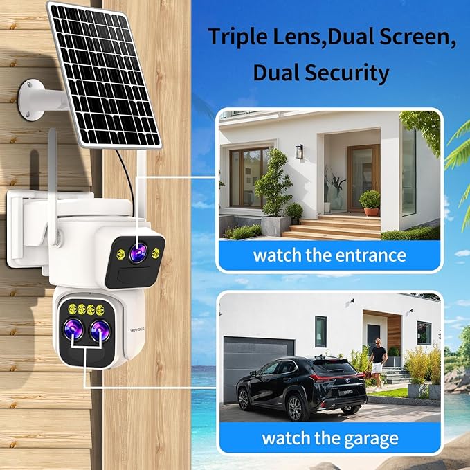 Triple-Lens Solar Security Cameras Wireless Outdoor, 360 PTZ Cameras for Home Security with 10x Hybrid Zoom, 5G/2.4G WiFi, No Month Fee, PIR Alarm, Full Color Night Vision, Two-Way Audio, IP65