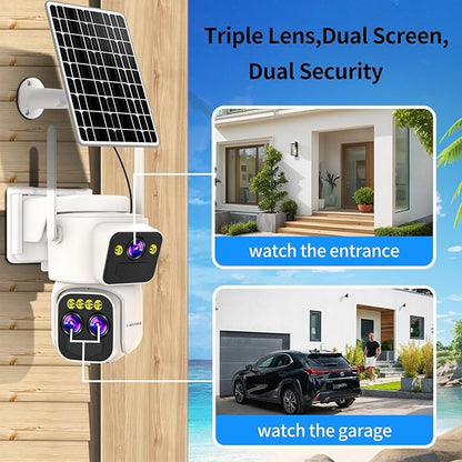 Triple-Lens Solar Security Cameras Wireless Outdoor, 360 PTZ Cameras for Home Security with 10x Hybrid Zoom, 5G/2.4G WiFi, No Month Fee, PIR Alarm, Full Color Night Vision, Two-Way Audio, IP65