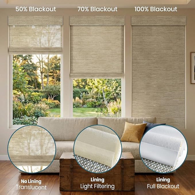 Motorized Roman Shades, Woven Woods Shades, Work with HomeKit/Alexa/Google Home, Cordless, Custom Size, Crocheting Kenaf