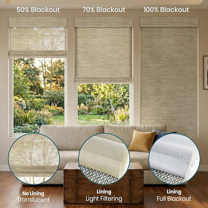 Motorized Roman Shades, Woven Woods Shades, Work with HomeKit/Alexa/Google Home, Cordless, Custom Size, Crocheting Kenaf