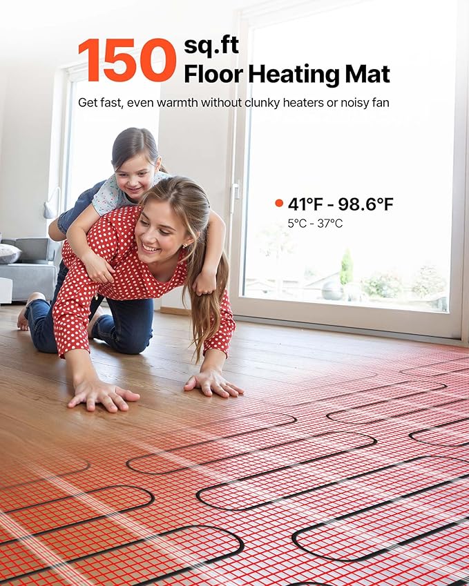 VEVOR Self-Adhesive Mesh Floor Heating Mat, 150 sqft 120V, Smart Thermostat & Alarm, Easy Install for Tile, Stone & Vinyl Flooring