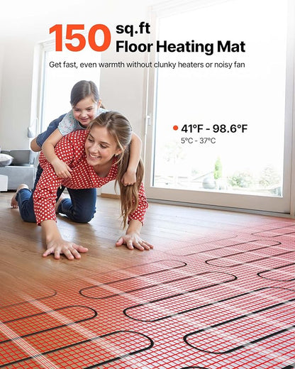 VEVOR Self-Adhesive Mesh Floor Heating Mat, 150 sqft 120V, Smart Thermostat & Alarm, Easy Install for Tile, Stone & Vinyl Flooring