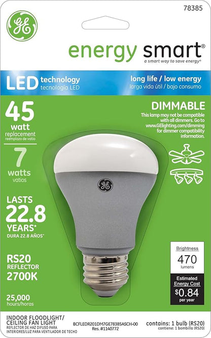 GE Lighting 78385 Energy Smart LED 7-watt 470-Lumen Dimmable RS20 Floodlight Bulb with Medium Base, Soft White, 1-Pack