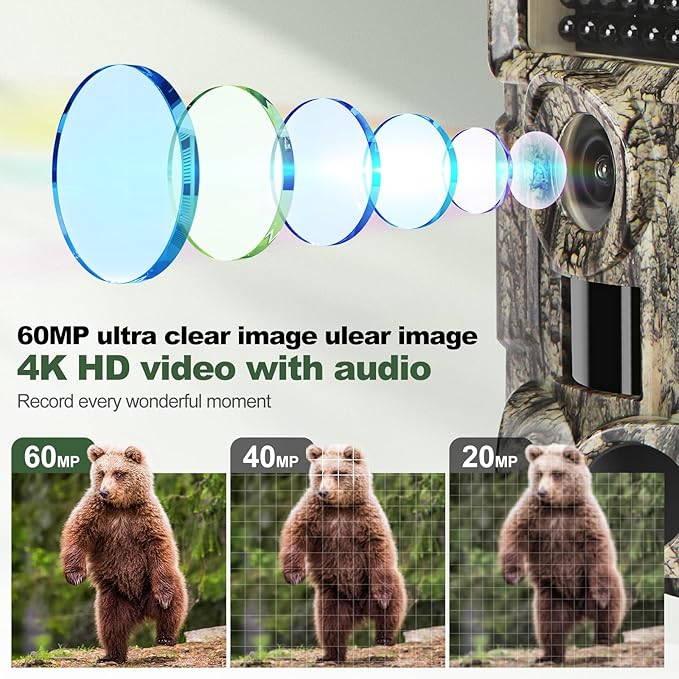 4K 60MP WiFi Trail Camera,Game Cameras with Night Vision Motion Activated Waterproof,Suitable for Outdoor Wildlife Detection, Monitoring Home Security