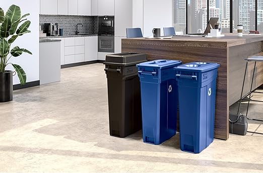 Suncast Commercial Slim 23 Gallon Polypropylene Recycling Bin with Universal Recycle Logo, Durable Waste Container for Tight Spaces, Blue, Made in the USA